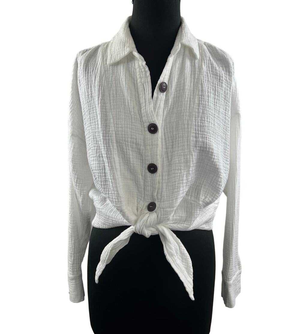 FREE PEOPLE White Cotton Sunstreaks Tie Front Long Sleeve Button-Down Top M?
